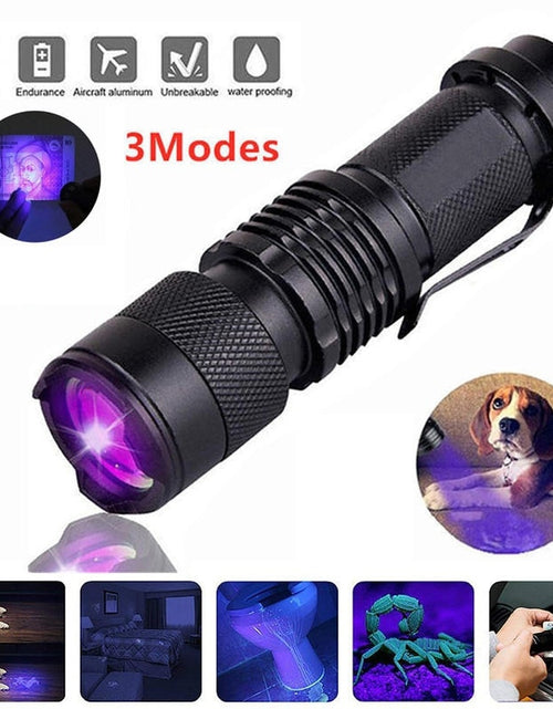 Load image into Gallery viewer, UV LED Flashlight Mini LED Torch 395nm Zoomable blacklight Wavelength Violet Light Pet Urine Scorpion Feminine hygiene Detector