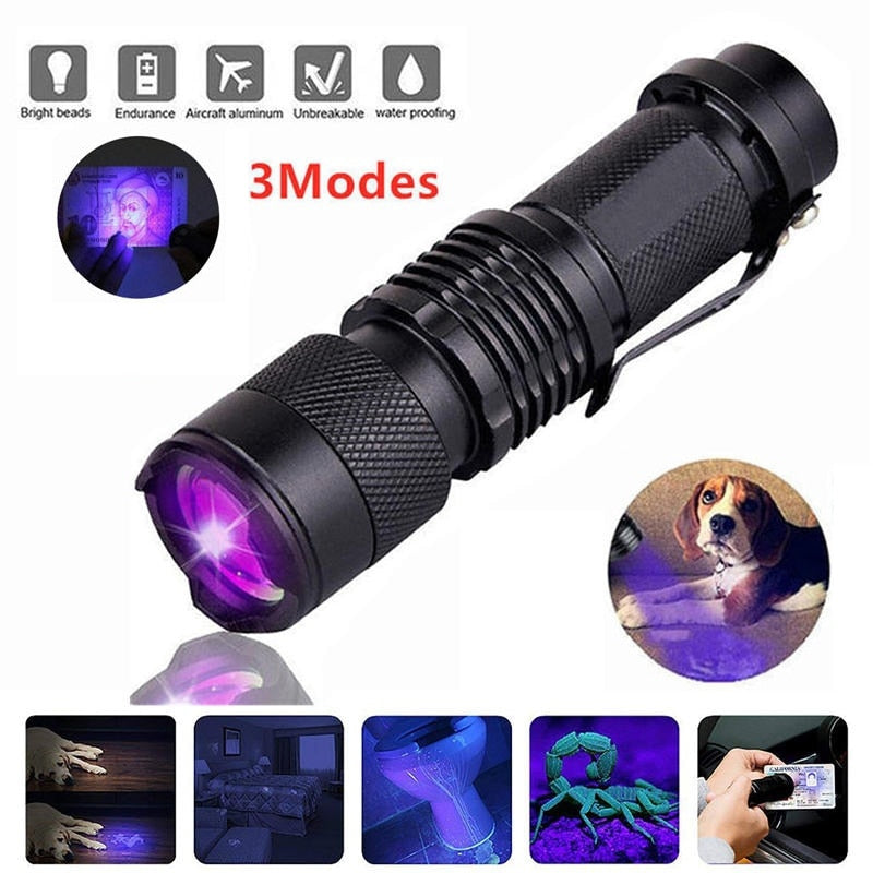 UV LED Flashlight Mini LED Torch 395nm Zoomable blacklight Wavelength Violet Light Pet Urine Scorpion Feminine hygiene Detector