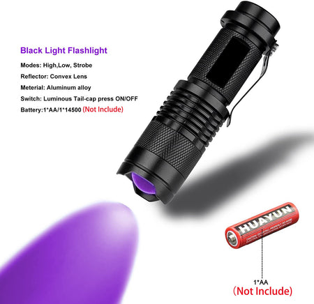 UV LED Flashlight Mini LED Torch 395nm Zoomable blacklight Wavelength Violet Light Pet Urine Scorpion Feminine hygiene Detector