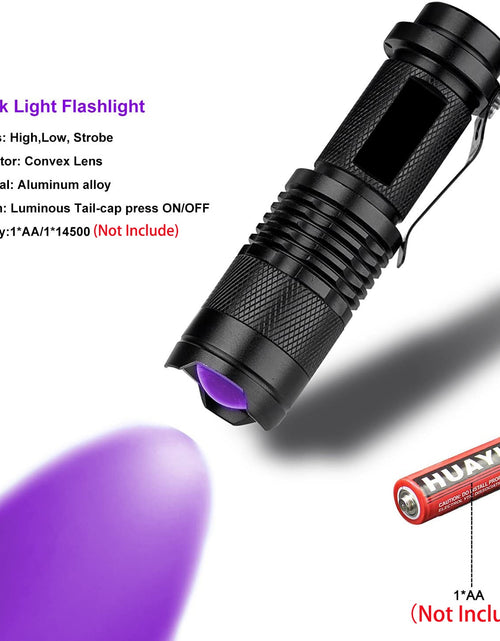 Load image into Gallery viewer, UV LED Flashlight Mini LED Torch 395nm Zoomable blacklight Wavelength Violet Light Pet Urine Scorpion Feminine hygiene Detector
