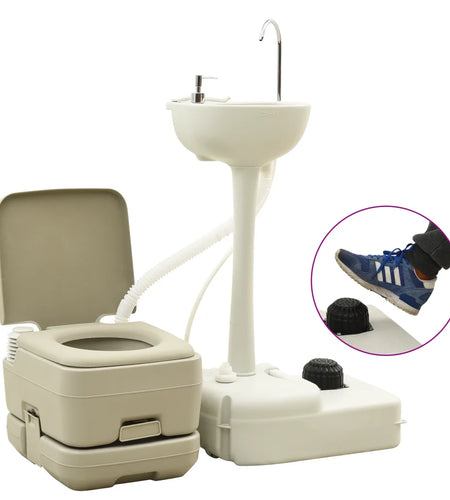 Portable Camping Toilet 2.6 x 2.6 gal and Handwasher Stand 5.3 gal